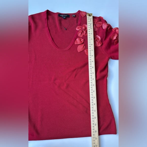 BCBGMAXAZRIA Bright Red Rib Knit Sweater Faux Leather Beaded Floral Womens Small - Picture 6 of 8